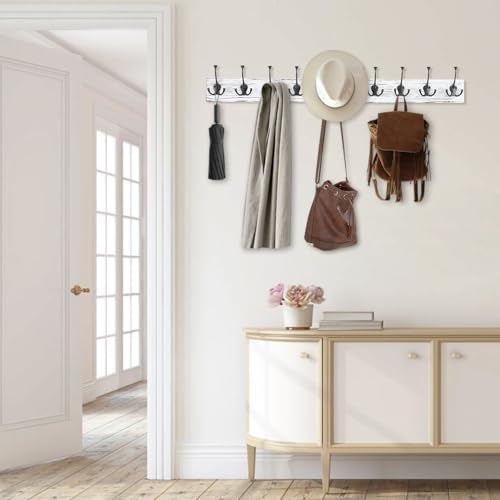 IBosins 34'' Coat Rack Wall Mount with 10 Tri-Hooks, Heavy Duty, Vintage White Color Wood Coat Hanger, Rustic Coat Hooks Rail for Entryway Living Room Coat Scarf Bag Towel Hat - Image 5