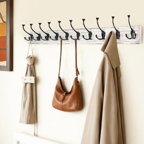 IBosins 34'' Coat Rack Wall Mount with 10 Tri-Hooks, Heavy Duty, Vintage White Color Wood Coat Hanger, Rustic Coat Hooks Rail for Entryway Living Room Coat Scarf Bag Towel Hat - Image 3