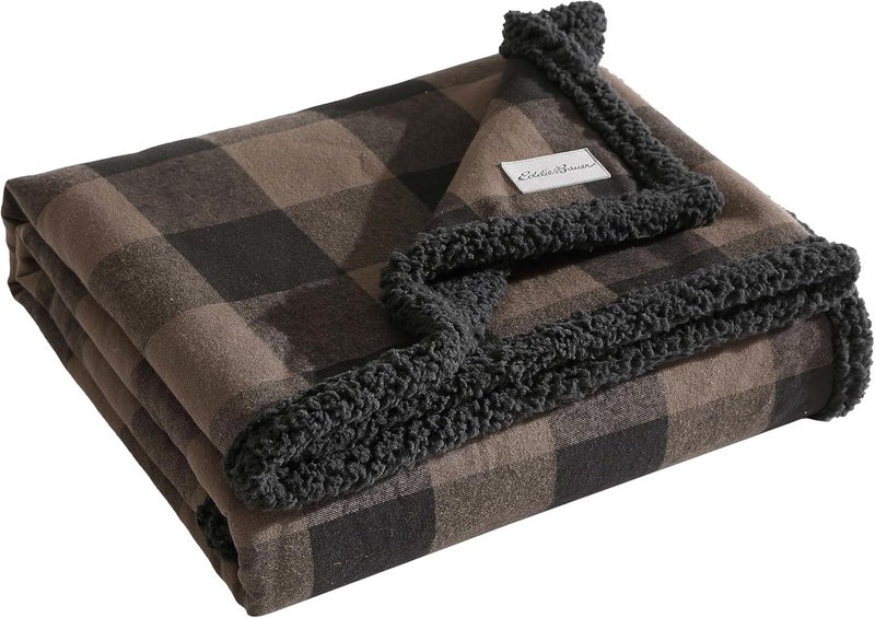 Eddie Bauer Throw Blanket Yarn Dyed Cotton Bedding with Solid UltraSoft Sherpa Reverse Throw Blanket for Couch Bed Cabin Plaid Brown 50 x 60 - Image 2