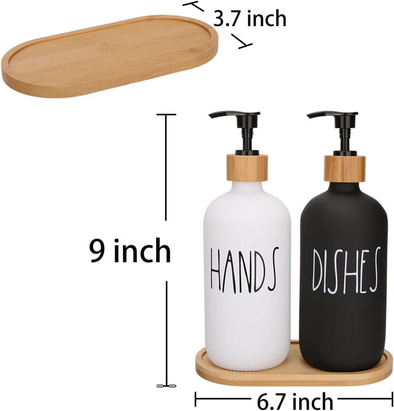 Mooka موزع صابون لمطبخ موزع غسيل اليدين موزع غسيل الأطباق موزع صابون سائل لمغسلة المطبخ موزعات سائل غسيل الأطباق وغسيل اليدين مضخة مع صينية من الخيزران، زجاج، 17 أونصة - Image 2