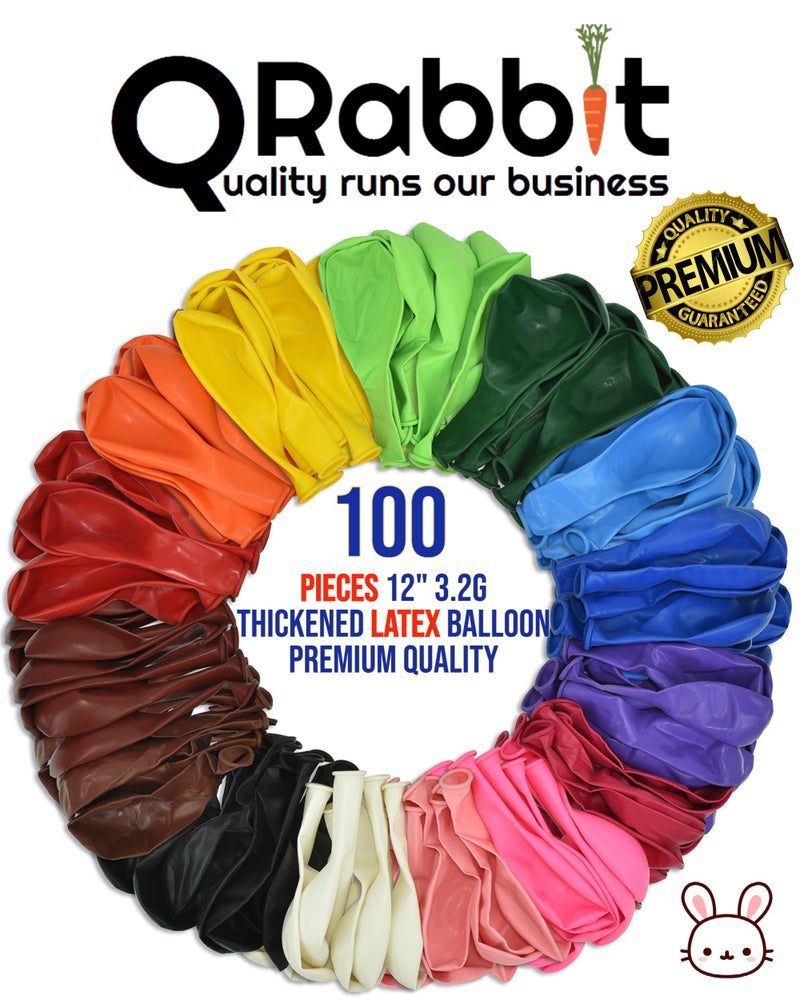 QRabbit 100 Pack 12" Party Balloons, Premium Quality Extra Thick Latex Balloons for Helium or Air Use, 15 Assorted Bright Rainbow Colors for Wedding Birthday Graduation Christmas Party Decoration - Image 2