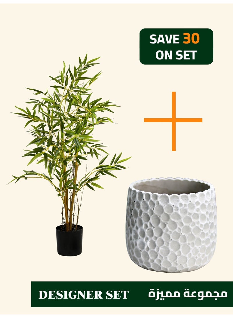 High-Quality Artificial Bamboo Tree (90cm) with Bubble-Textured Cement Planter (24×21cm) – Refined Tabletop Set for Everyday Spaces - Image 1