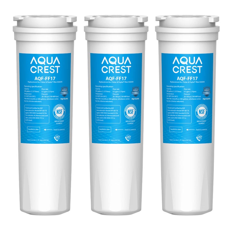 AquaCrest فلتر مياه الثلاجة AQUA CREST 836848، بديل لـ Fisher & Paykel® 862285، 836860، 862284، PS2067635، EFF-6017A، E522، E402، E442، عبوة من 3 (قد يختلف التعبئة) - Image 1