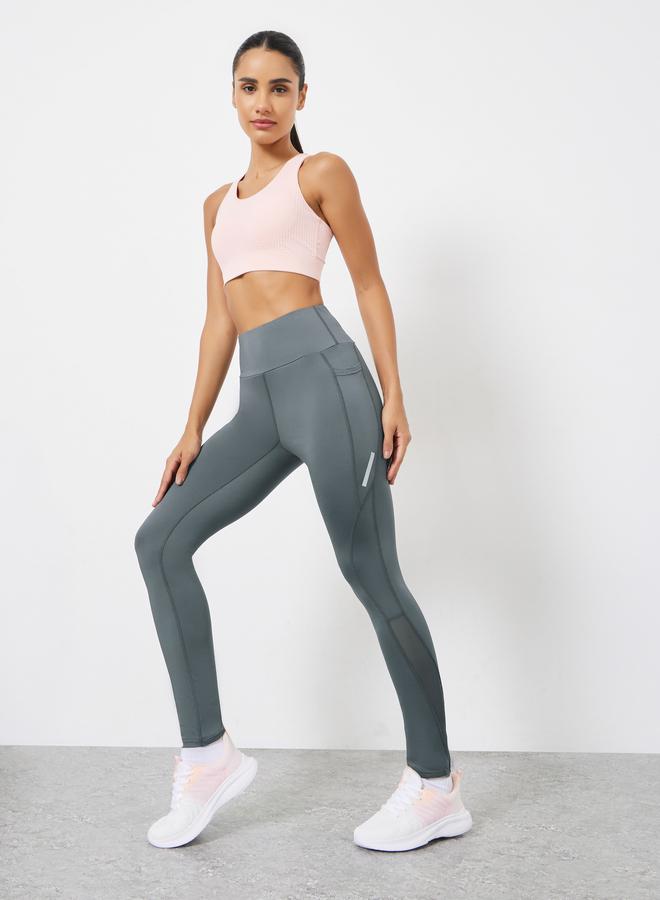 Styli Active Reflector Striped Pocket Detail Calf Mesh 7/8 Leggings - Image 1