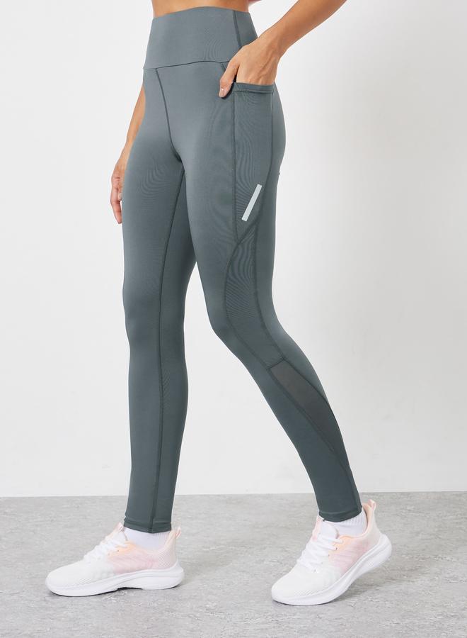 Styli Active Reflector Striped Pocket Detail Calf Mesh 7/8 Leggings - Image 2