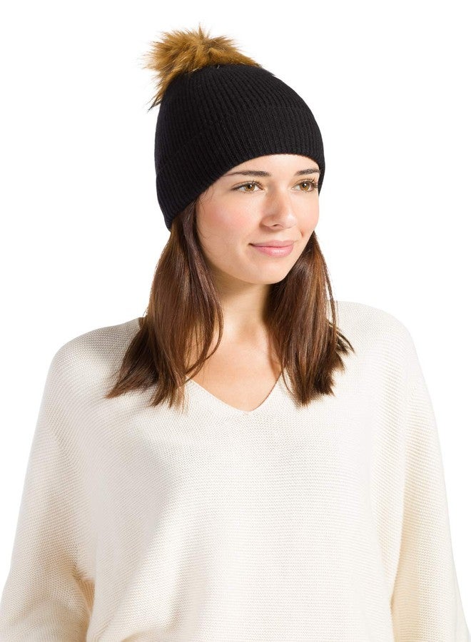 Fishers Finery Women's 100% Cashmere Winter Hat with Pom Pom (Black) - Image 2