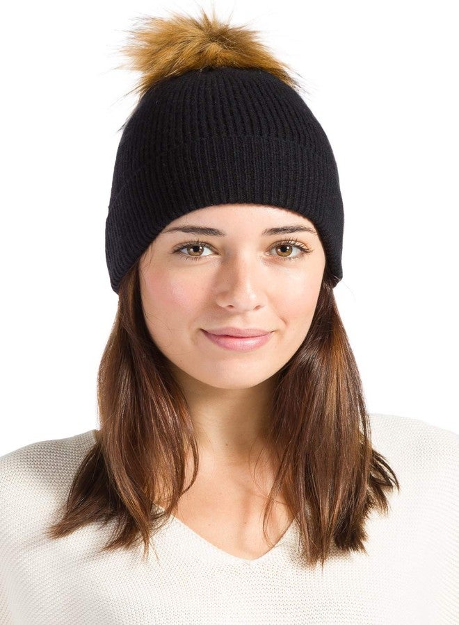 Fishers Finery Women's 100% Cashmere Winter Hat with Pom Pom (Black) - Image 1
