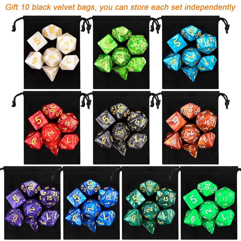 Awpeye 10 X 7 Polyhedral Dice Set (70 Pieces) for Dungeons and Dragons DND RPG MTG Table Games D4 D6 D8 D10 D% D12 D20 with 10 Pack Black Bags, 10 Colors - Image 2