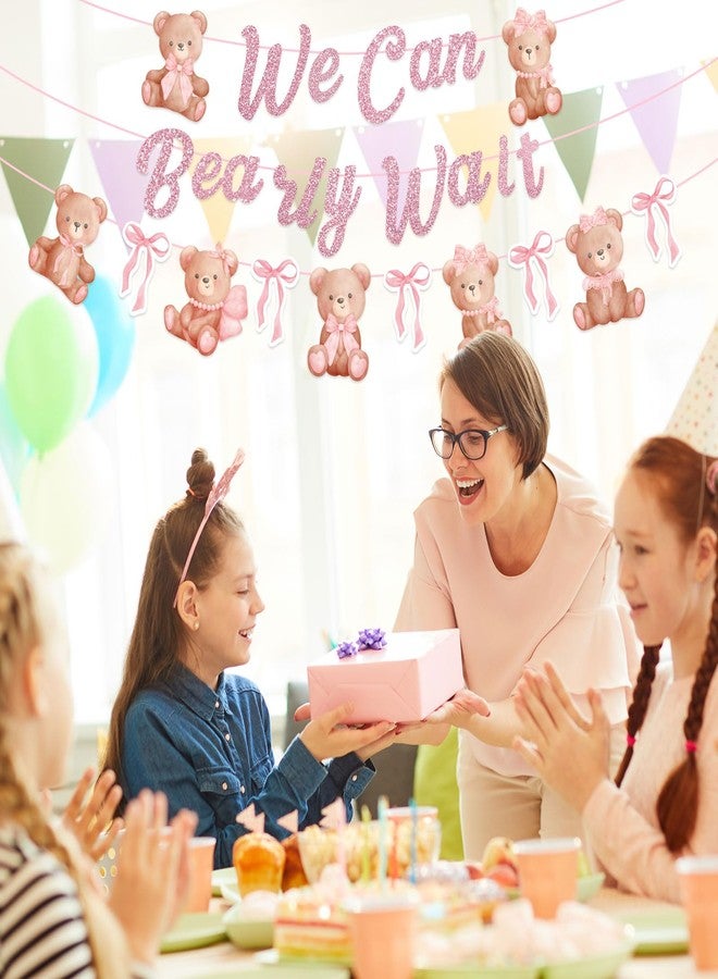 وولاين لافتة دب من والين بطول 8.2 قدم مزينة بفيونكة وردية لامعة مكتوب عليها "لا يمكننا الانتظار" - زينة معلقة على شكل دب لحفلات استقبال المولود الجديد - زينة معلقة على شكل فيونكة دب لحفلات أعياد ميلاد البنات وحفلات الكشف عن جنس المولود، 3 قطع - Image 4