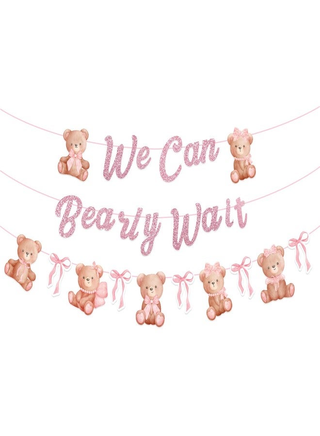 وولاين لافتة دب من والين بطول 8.2 قدم مزينة بفيونكة وردية لامعة مكتوب عليها "لا يمكننا الانتظار" - زينة معلقة على شكل دب لحفلات استقبال المولود الجديد - زينة معلقة على شكل فيونكة دب لحفلات أعياد ميلاد البنات وحفلات الكشف عن جنس المولود، 3 قطع - Image 1