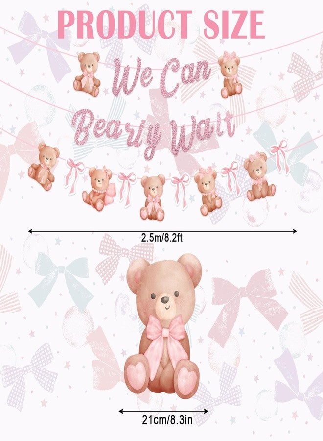 وولاين لافتة دب من والين بطول 8.2 قدم مزينة بفيونكة وردية لامعة مكتوب عليها "لا يمكننا الانتظار" - زينة معلقة على شكل دب لحفلات استقبال المولود الجديد - زينة معلقة على شكل فيونكة دب لحفلات أعياد ميلاد البنات وحفلات الكشف عن جنس المولود، 3 قطع - Image 2