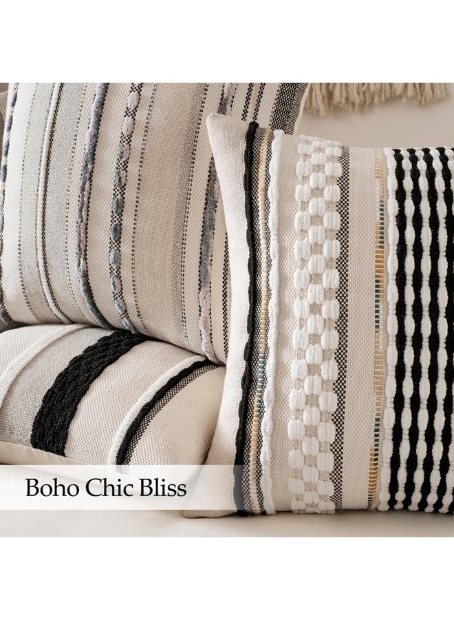 ANRODUO Pack of 2 Boho Decorative Throw Pillow Covers 20x20 Farmhouse Cushion Case Striped Chenille Pillow Cases Square Pillow Covers Accent Neutral Pillowcase for Sofa Couch Bed, Black-White Stripe - Image 5