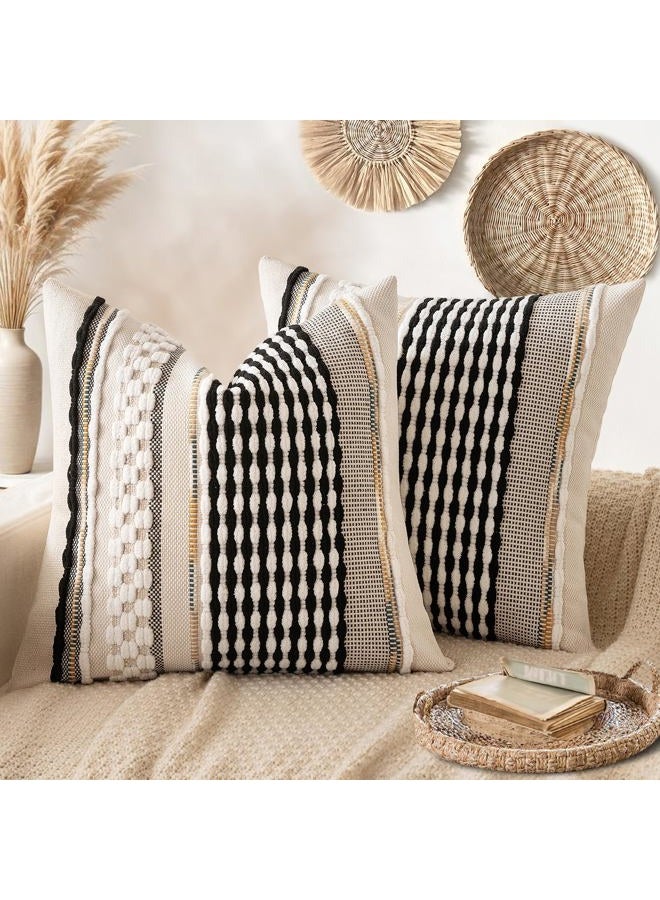 ANRODUO Pack of 2 Boho Decorative Throw Pillow Covers 20x20 Farmhouse Cushion Case Striped Chenille Pillow Cases Square Pillow Covers Accent Neutral Pillowcase for Sofa Couch Bed, Black-White Stripe - Image 1