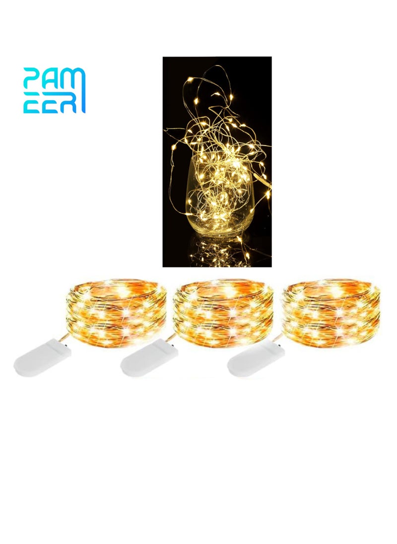 PAMEER 3-Pack Fairy String Lights with Battery and Flexible Copper Wire 2Mtr Mini 20 LEDs Strip Warm White LEDs for Christmas EID Ramadan Diwali Decoration Firefly LED Single Mode Battery Box Button ON OFF  - Image 1