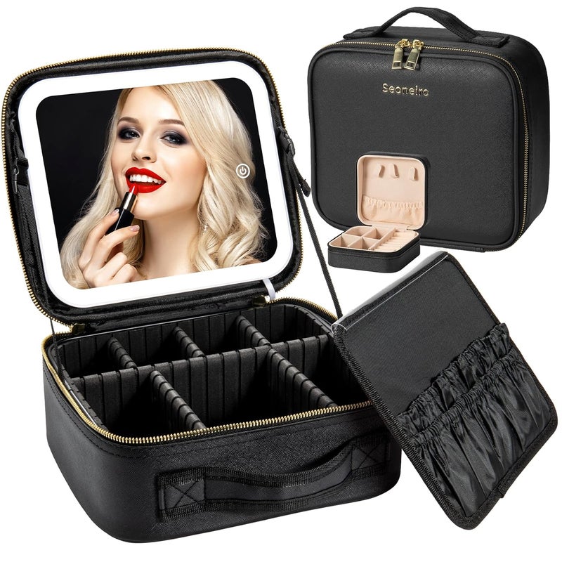 Seoneiro Makeup Travel Bag with LED Lighted Mirror Adjustable Brightness Portable Waterproof Makeup Case with Adjustable Dividers, Make up Train Case Organizer Makeup Brush Accessories and Tool Case, - Image 1