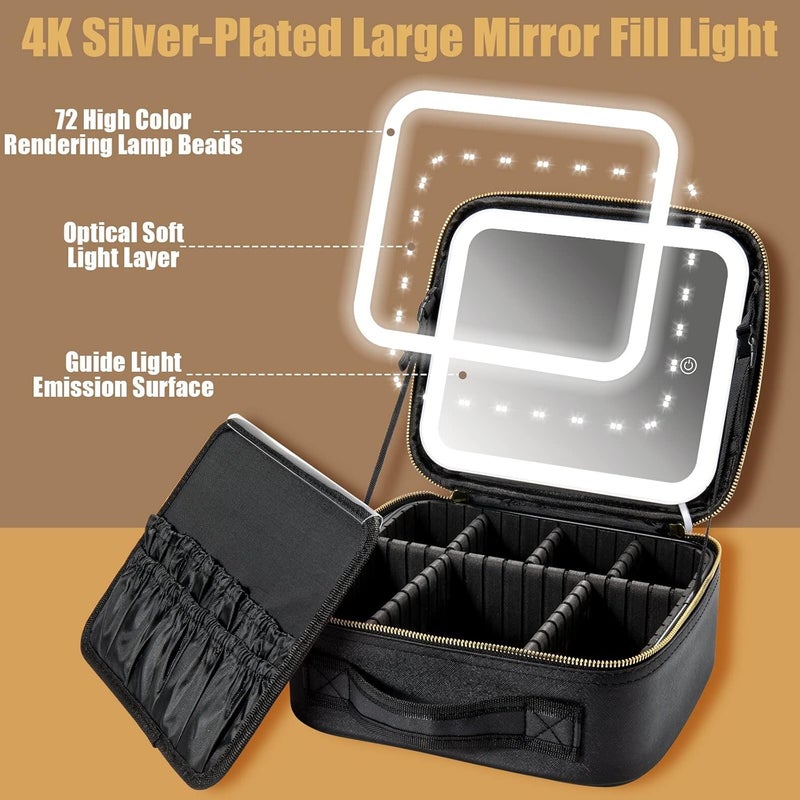 Seoneiro Makeup Travel Bag with LED Lighted Mirror Adjustable Brightness Portable Waterproof Makeup Case with Adjustable Dividers, Make up Train Case Organizer Makeup Brush Accessories and Tool Case, - Image 2