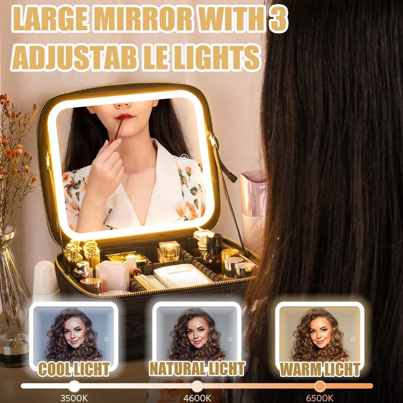 Seoneiro Makeup Travel Bag with LED Lighted Mirror Adjustable Brightness Portable Waterproof Makeup Case with Adjustable Dividers, Make up Train Case Organizer Makeup Brush Accessories and Tool Case, - Image 5