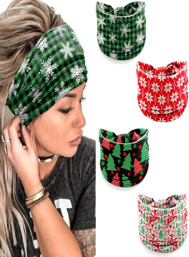 winthrop Christmas Headbands for Women Girls - 4 Pack Elastic Hair Bands with Red Snowflake, Green Plaid Snowflake, Reindeer & Festive Tree Prints, Holiday Winter Accessories for Party and Daily Wear - Image 1