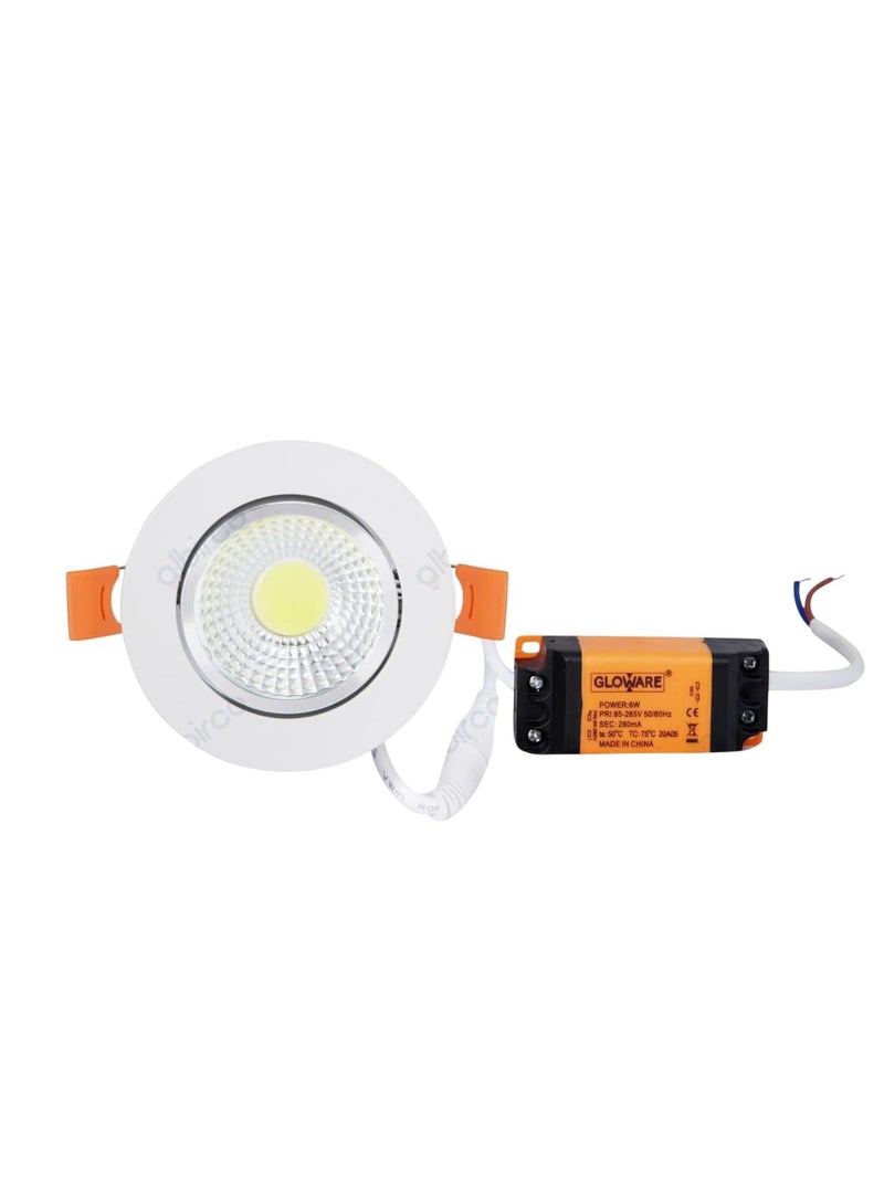 Gloware LED Recessed Downlight, 8W COB, White Ceiling Light with Driver - Image 1