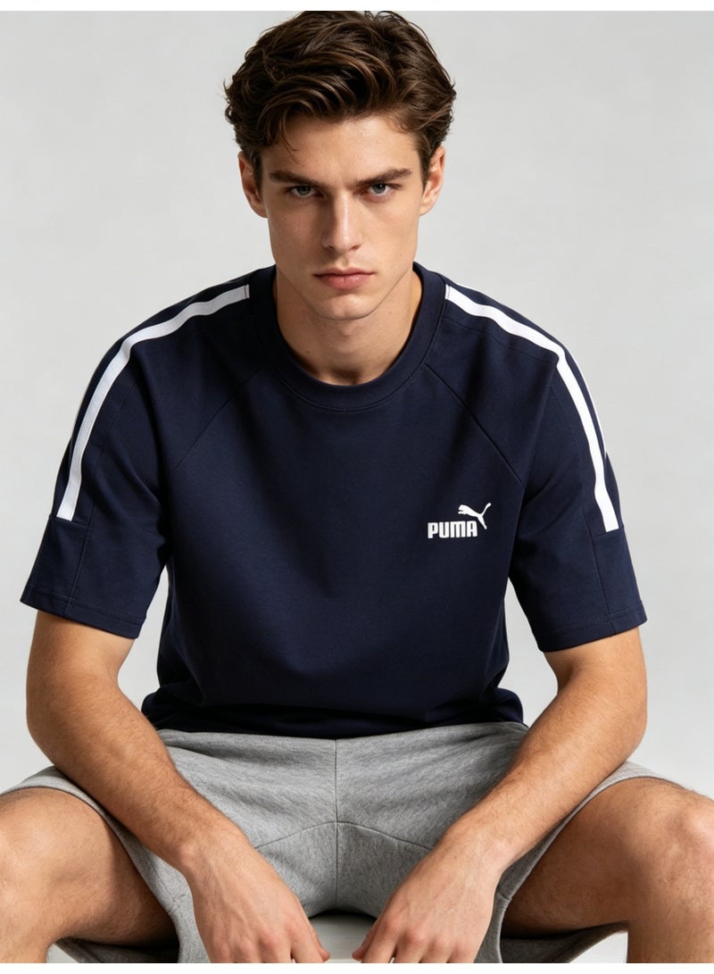 بوما PUMA Men’s Iconic Stripe Crew Neck T-Shirt - Navy Blue - Image 1