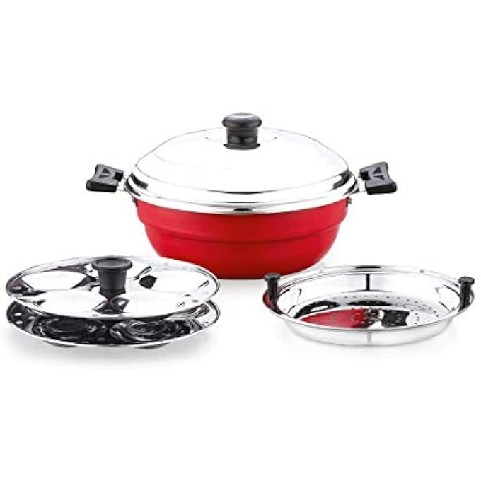 SOWBAGHYA Non Stick Induction Base Multi Kadai 2 Idli Plates 1 Steamer Plate Dia 250mm Thickness 3mm 3Ltr AllinOne Idli Cooker Multi Kadhai Steamer Aluminium 3 Liter - Image 1