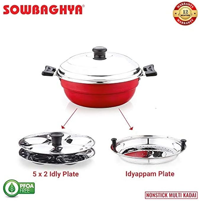 SOWBAGHYA Non Stick Induction Base Multi Kadai 2 Idli Plates 1 Steamer Plate Dia 250mm Thickness 3mm 3Ltr AllinOne Idli Cooker Multi Kadhai Steamer Aluminium 3 Liter - Image 4