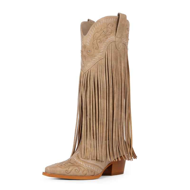 Modatope Tan Knee High Cowboy Boots Women Embroidered Cowgirl Boots for Women Fringe Knee High Boots Size 7.5 - Image 1