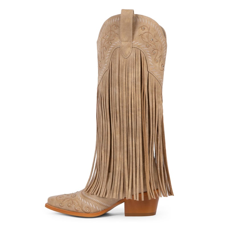 Modatope Tan Knee High Cowboy Boots Women Embroidered Cowgirl Boots for Women Fringe Knee High Boots Size 7.5 - Image 4