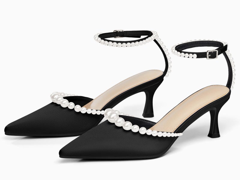 Coutgo Womens Pearl Kitten Heels Closed Pointed Toe Wedding Bride Dress Shoes Ankle Strap Satin Pumps, Black, Size 8.5 - Image 4