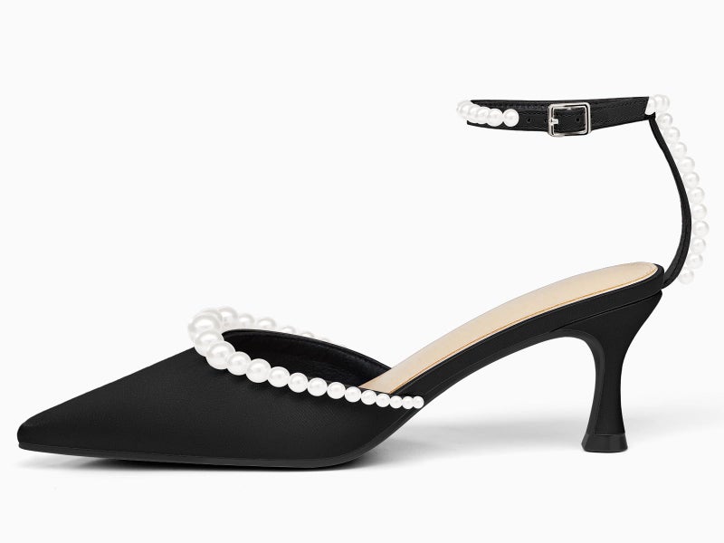 Coutgo Womens Pearl Kitten Heels Closed Pointed Toe Wedding Bride Dress Shoes Ankle Strap Satin Pumps, Black, Size 8.5 - Image 2