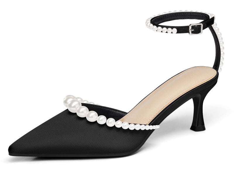 Coutgo Womens Pearl Kitten Heels Closed Pointed Toe Wedding Bride Dress Shoes Ankle Strap Satin Pumps, Black, Size 8.5 - Image 1