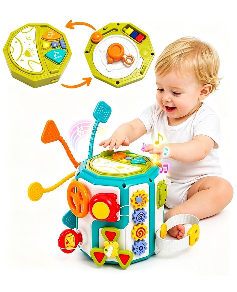 Interesting Montessori Busy Board, 20-in-1 Sensory Activity Cube, with Music & Light,  Steering Wheel,  Interactive Early Learning  Toys for Toddlers 1 2 3,  Baby Play Center with Shape Sorter, Spinning Gear, Develop Fine Motor Skills - Image 1
