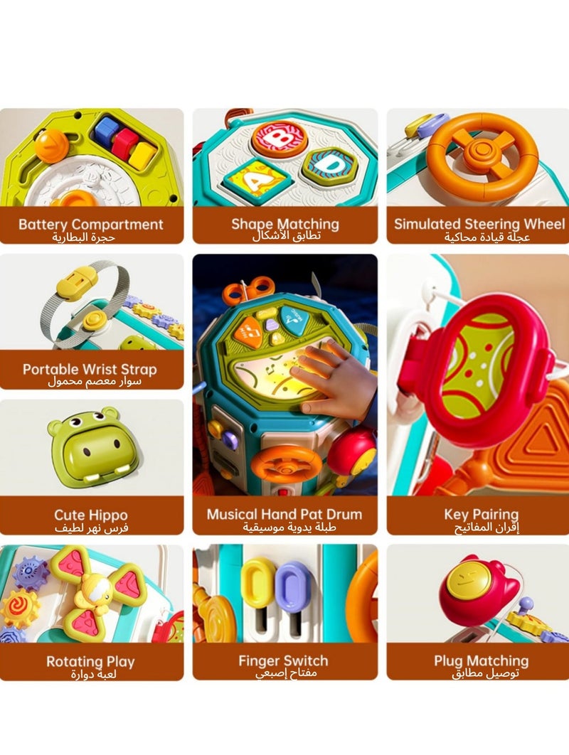 Interesting Montessori Busy Board, 20-in-1 Sensory Activity Cube, with Music & Light,  Steering Wheel,  Interactive Early Learning  Toys for Toddlers 1 2 3,  Baby Play Center with Shape Sorter, Spinning Gear, Develop Fine Motor Skills - Image 5