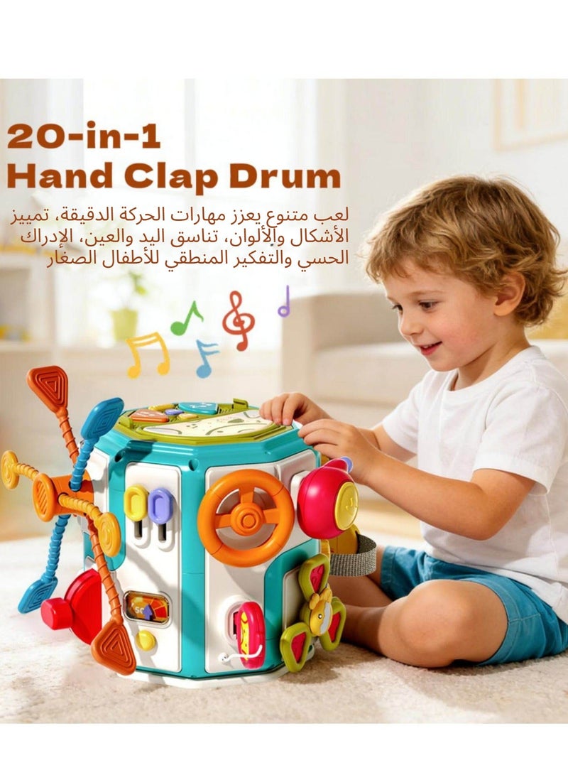 Interesting Montessori Busy Board, 20-in-1 Sensory Activity Cube, with Music & Light,  Steering Wheel,  Interactive Early Learning  Toys for Toddlers 1 2 3,  Baby Play Center with Shape Sorter, Spinning Gear, Develop Fine Motor Skills - Image 4
