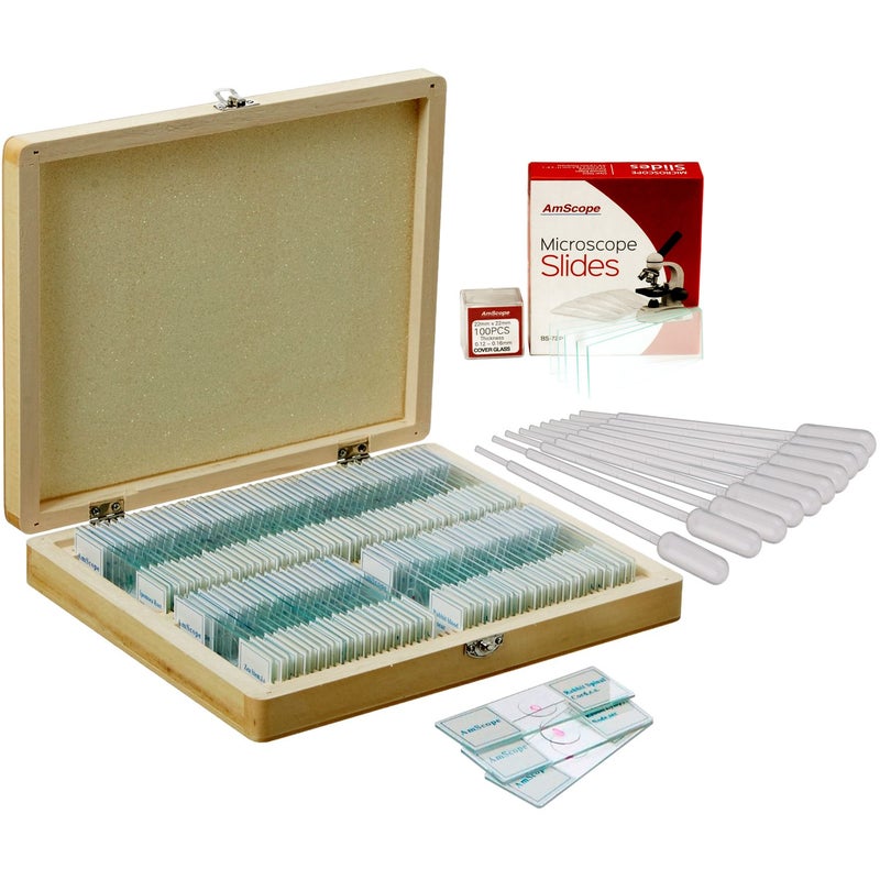 AmScope Deluxe Assorted Sample Specimens Set w/Microscope Slides & Slipcovers - 100 Prepared Sample Slides, 72 Blank Glass Slides + 100 Coverslips, 50 1mL Pipettes - Image 1