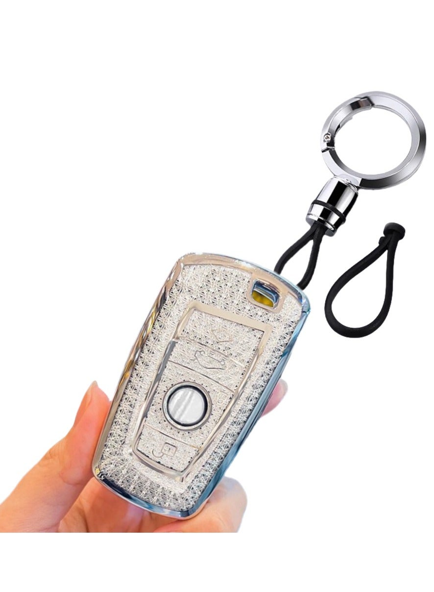 OUYoo for BMW Key Fob Cover, Soft TPU Keys Protector Bling Key Fob Keychain for BMW X1 X3 X4 X5 X6 1 2 4 5 6 7 M3 M5 M6 GT3 GT5 G30 F10 F15 F16 F20 series smart key,With a key chain. (White).
