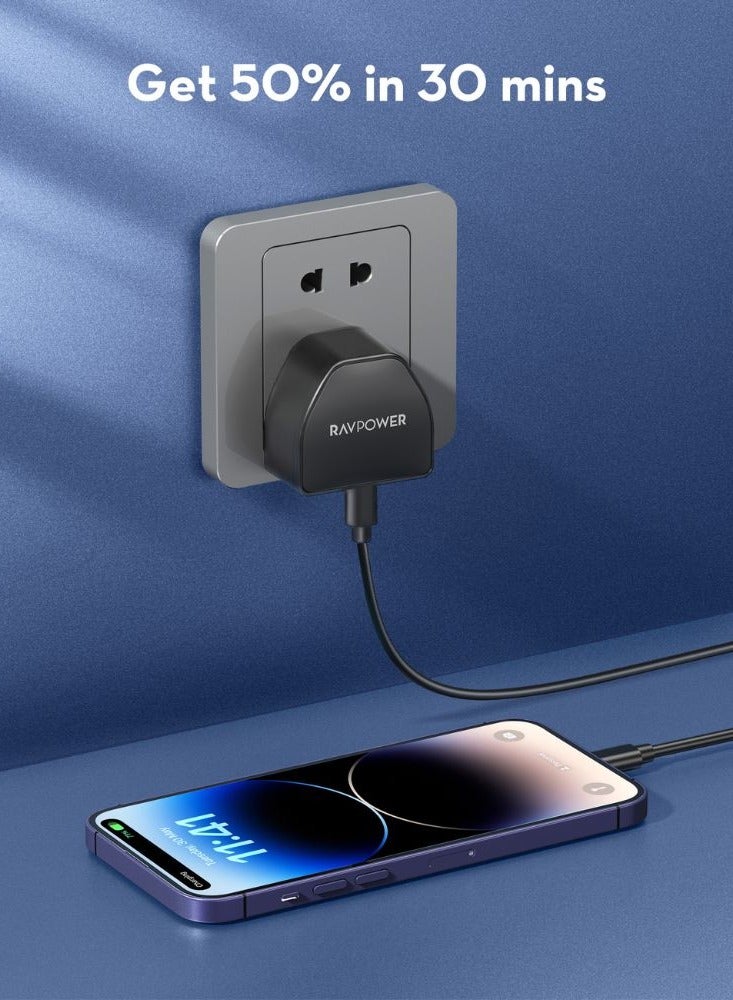 RAVPOWER 20W PD Pioneer USB-C Wall Charger with Type-C to Type-C Cable, Ultra-Compact, Compatible for iPhone, Samsung & Android, PC1032 Black - Image 3