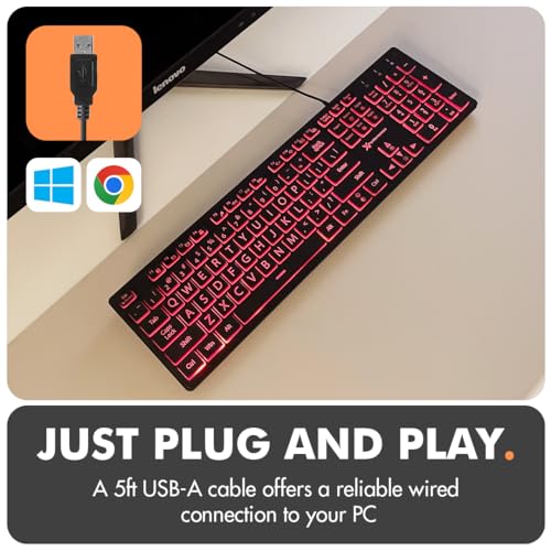 X9 Performance X9 Wired Keyboard and Mouse Combo - Large Print Backlit Keyboard and Mouse for Elderly, Low Vision, Visually Impaired - 7 LED Light Up Color, Lighted Large Letters for Laptop PC Computer USB - Image 4