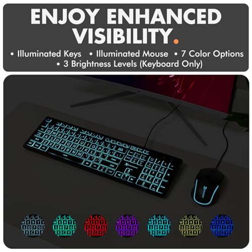 X9 Performance X9 Wired Keyboard and Mouse Combo - Large Print Backlit Keyboard and Mouse for Elderly, Low Vision, Visually Impaired - 7 LED Light Up Color, Lighted Large Letters for Laptop PC Computer USB - Image 5