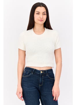 Women Crew Neck Short Sleeves Textured Crop Top, White
