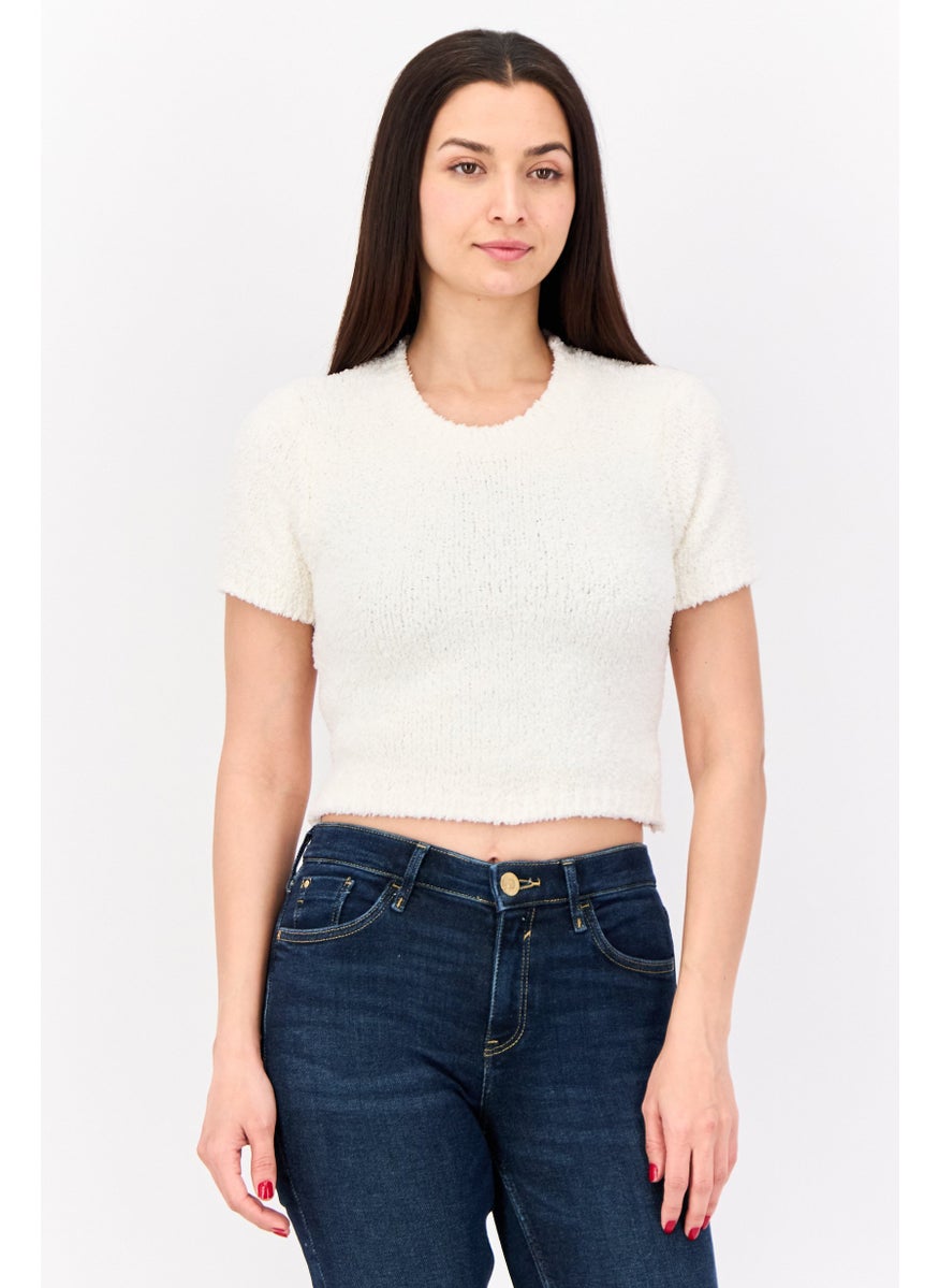 Missguided - Women Crew Neck Short Sleeves Textured Crop Top, White - Image 1