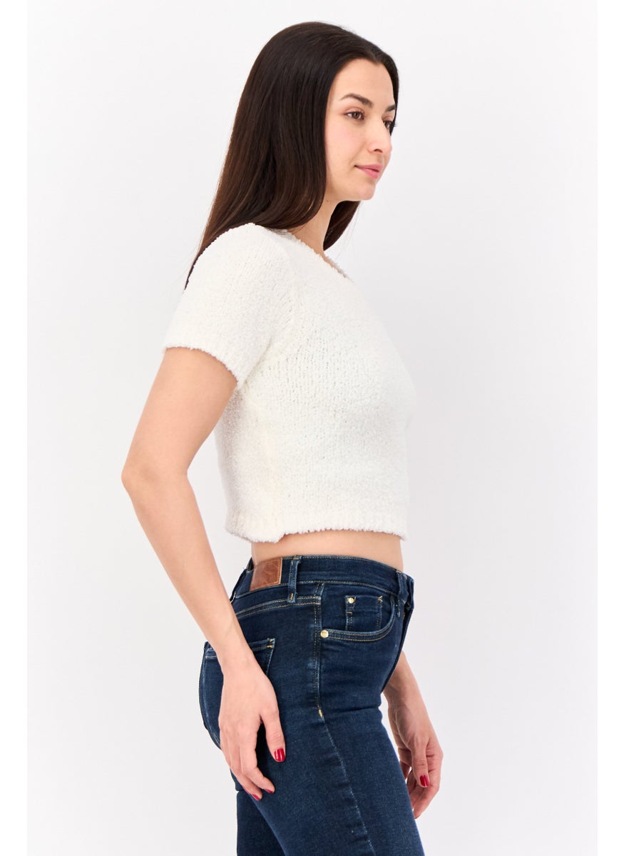 Missguided - Women Crew Neck Short Sleeves Textured Crop Top, White - Image 1