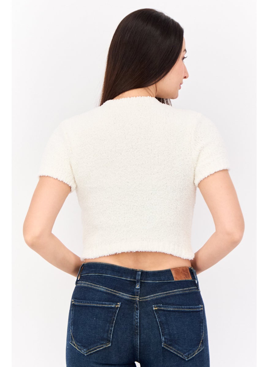 Missguided - Women Crew Neck Short Sleeves Textured Crop Top, White - Image 1
