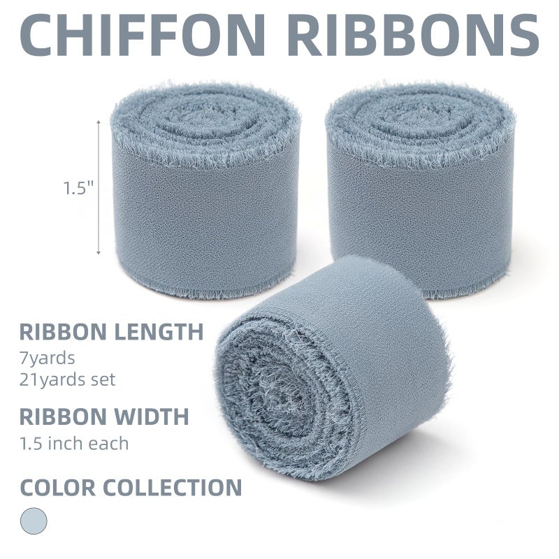 KEOSREE 3 Rolls Dusty Blue Handmade Chiffon Ribbon,1.5" x 21Yd Frayed Fringe Silk Ribbons (3 Rolls *7Yd) for Gifts Wrapping, Wedding Invitations, Bridal Bouquets, Decorations - Image 2