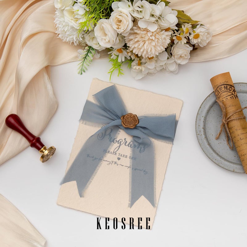 KEOSREE 3 Rolls Dusty Blue Handmade Chiffon Ribbon,1.5" x 21Yd Frayed Fringe Silk Ribbons (3 Rolls *7Yd) for Gifts Wrapping, Wedding Invitations, Bridal Bouquets, Decorations - Image 5