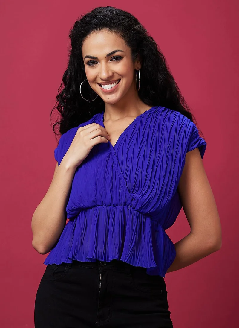 globus Globus Women Blue Kimono Sleeves Gathered Regular Top