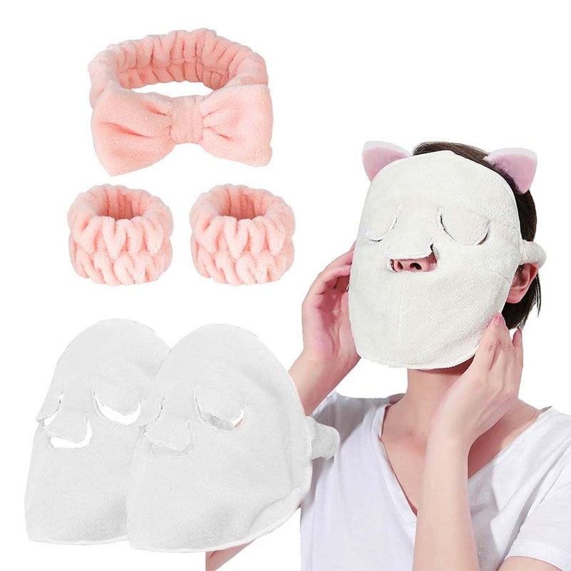 HANSAMU 5 Pcs Reusable Hot Cold Face Towel Masks for Skincare Facial Masks Steamer Facial Kits for Women Girls Estheticians Skin Care 1 Spa Headband2 Wristband SetApricot