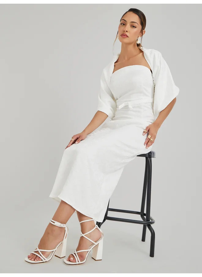 Styli Styli Limited  Jacquard Bardot Neck Sheath Maxi Dress with Cape Overlay