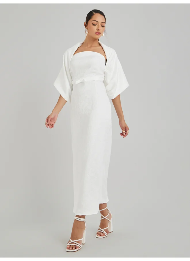 Styli Styli Limited  Jacquard Bardot Neck Sheath Maxi Dress with Cape Overlay