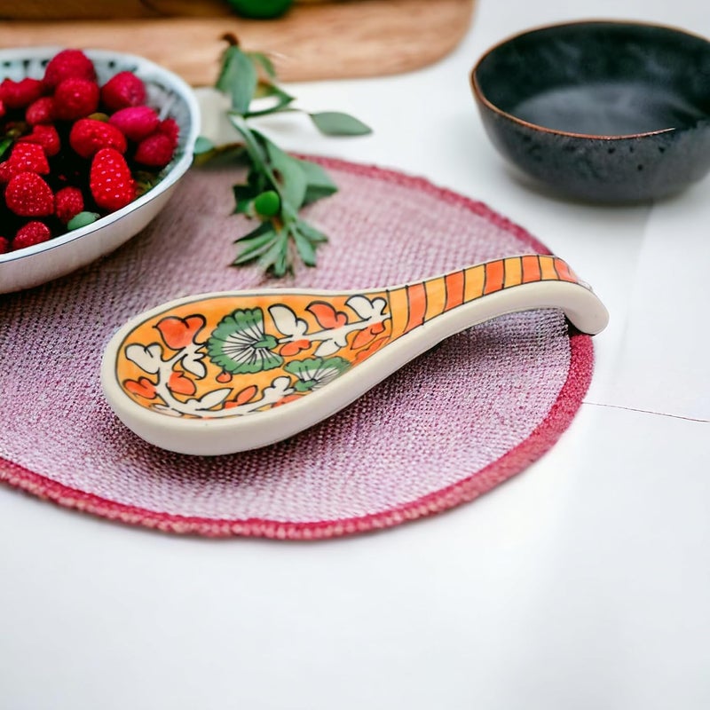 Malaikah Ceramic Spoon Rest Orange Ideal for Kitchen HandPainted Serveware Cutlery Rest Pack of 1 - Image 3